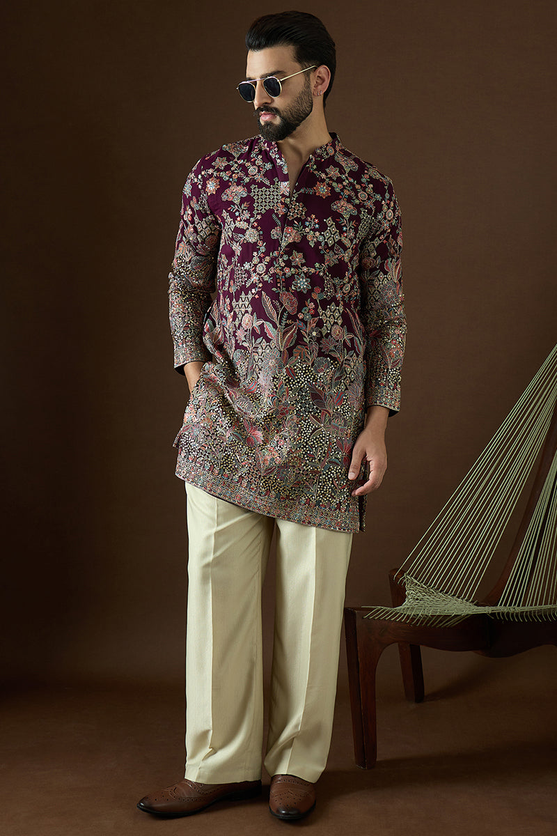 Wine Georgette Solid Embroidered Straight Kurta | SHOBITAM