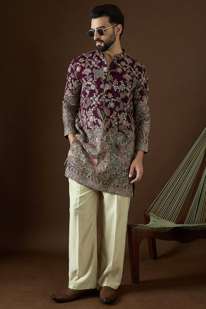 Wine Georgette Solid Embroidered Straight Kurta | SHOBITAM