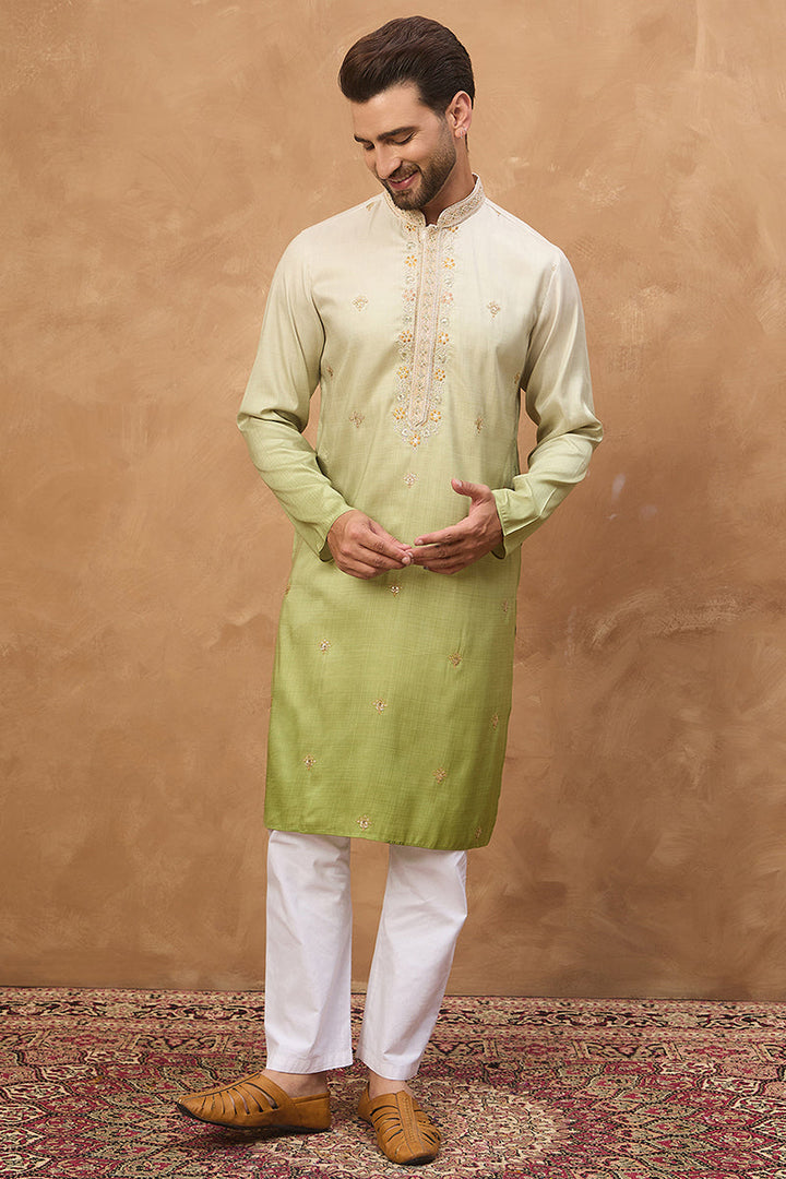 Green Silk Blend Solid Embroidered Straight Kurta | SHOBITAM