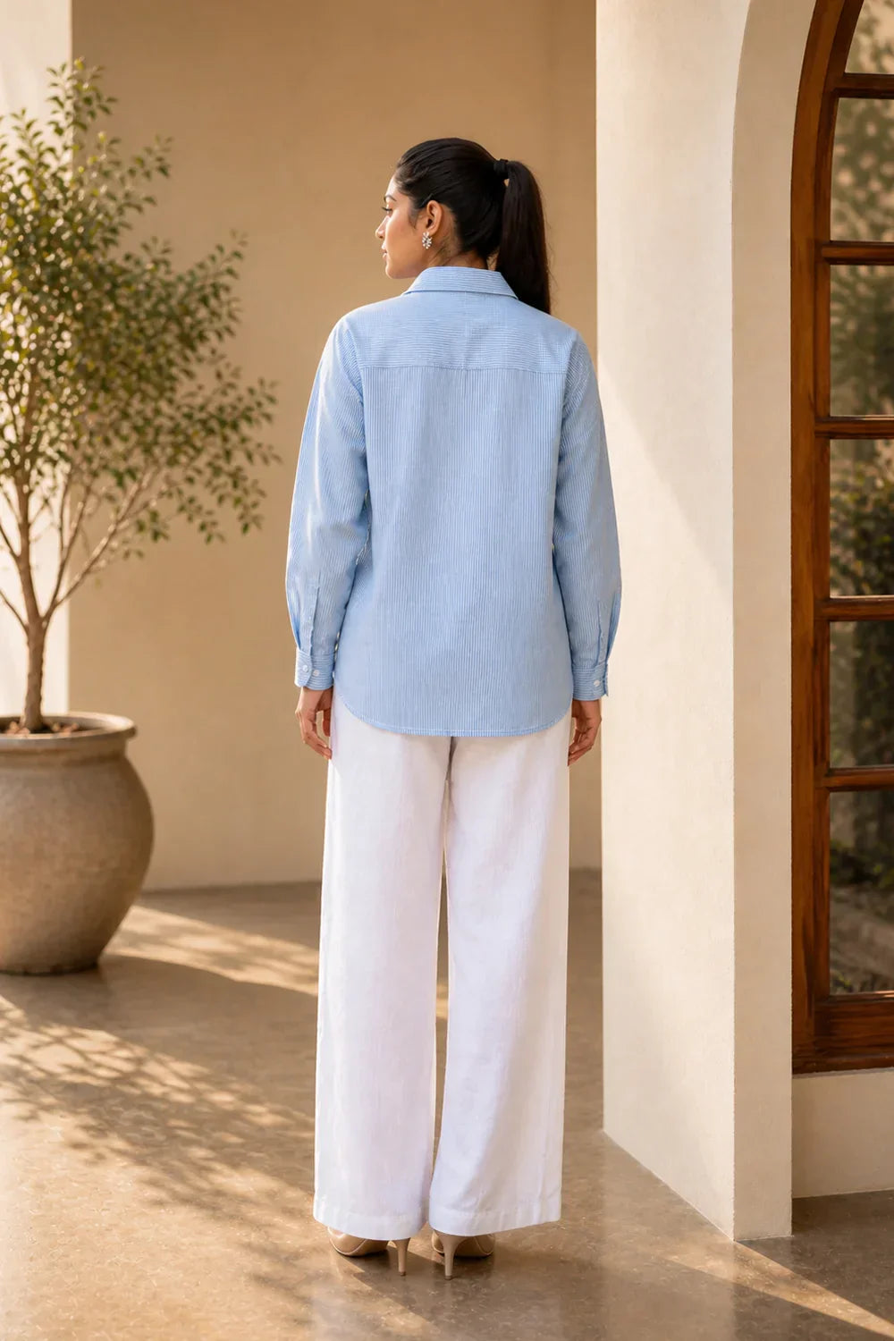 Sky Blue and White Stripes Pure Cotton Shirt | SHOBITAM
