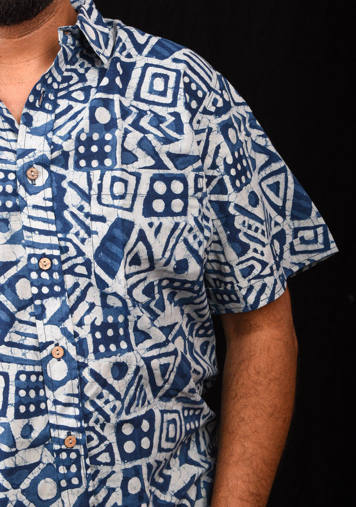 Indigo White Handblock Printed Cotton Mens Shirt Raasleela