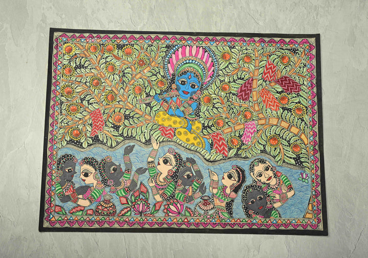 Krishna Leela Madhubani Hand Painting, Unframed, 30 x 22 | SHOBITAM