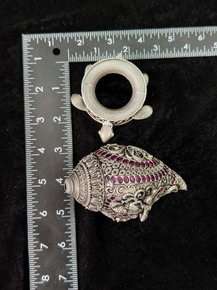 Pure 92.5 Silver Lakshmi Conch Shell with Turtle Stand, embellished with stones