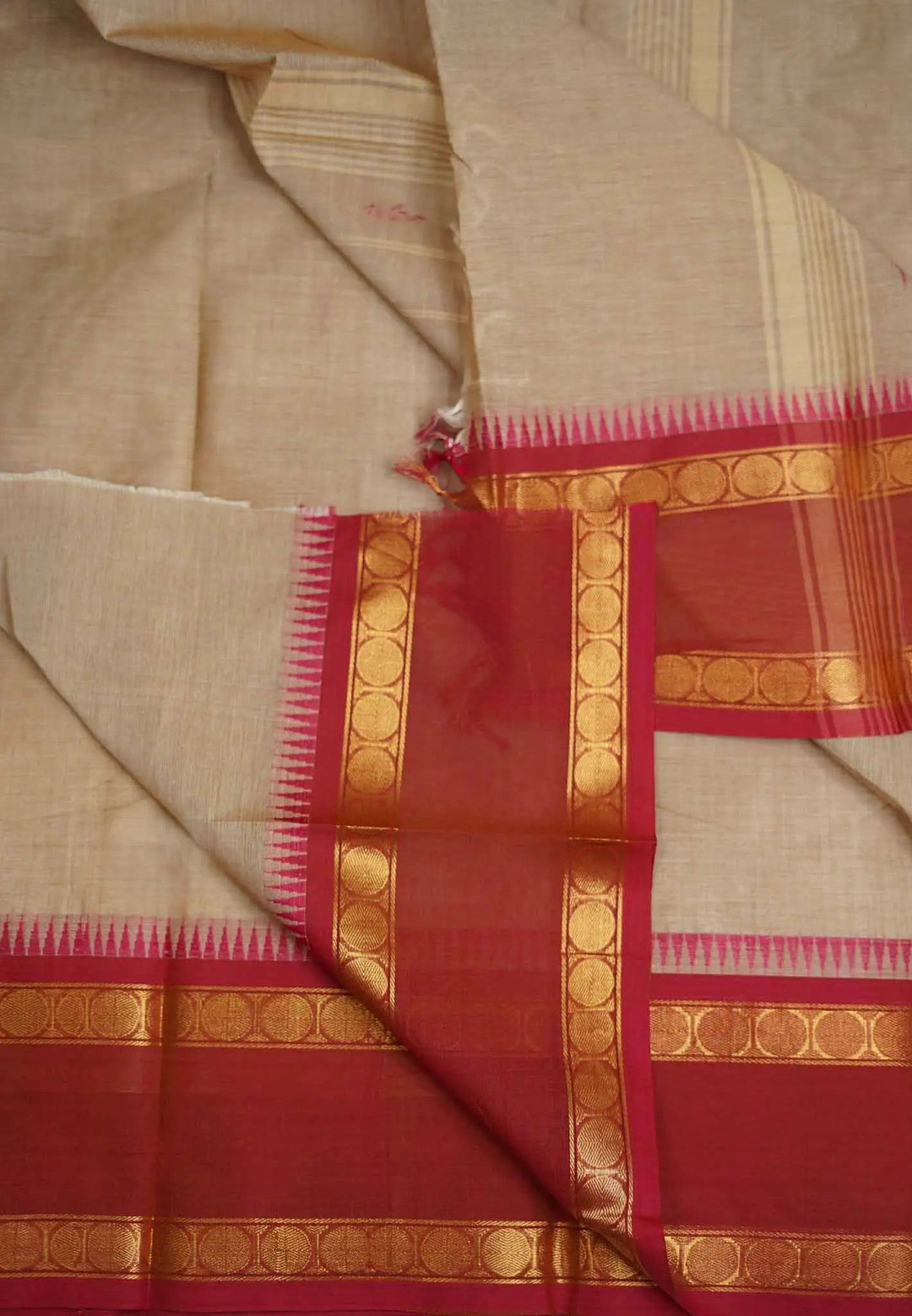 Chalk Beige Mercerized cotton Rudhraksham Ganga Jamuna border | SHOBITAM