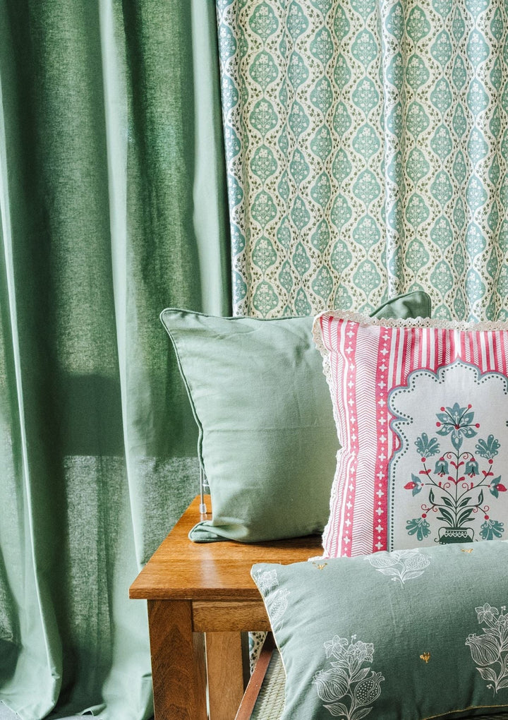 Mulbagal Geometric - Floral printed 100% Cotton Curtain for Living Room and Bedroom - Room Darkening - Sage Green - Single Piece | SHOBITAM