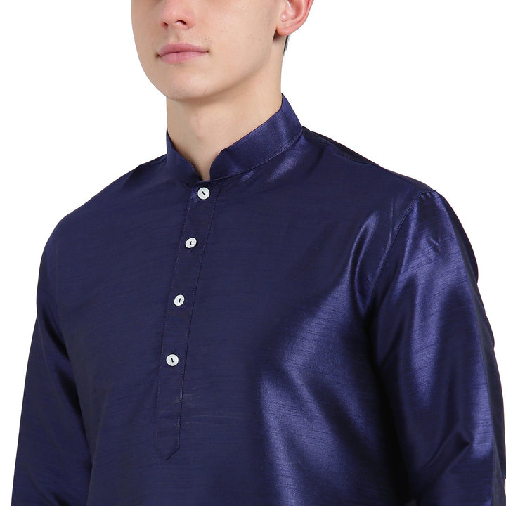 Navy Blue Silk Blend Solid Kurta | SHOBITAM