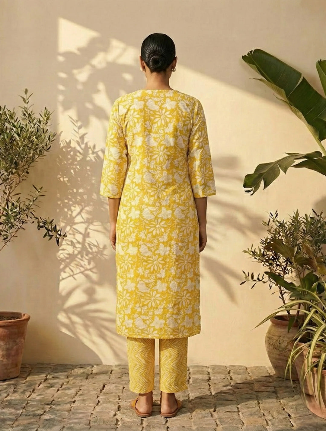 Yellow Floral Print Kurta Pant Dupatta Set | SHOBITAM
