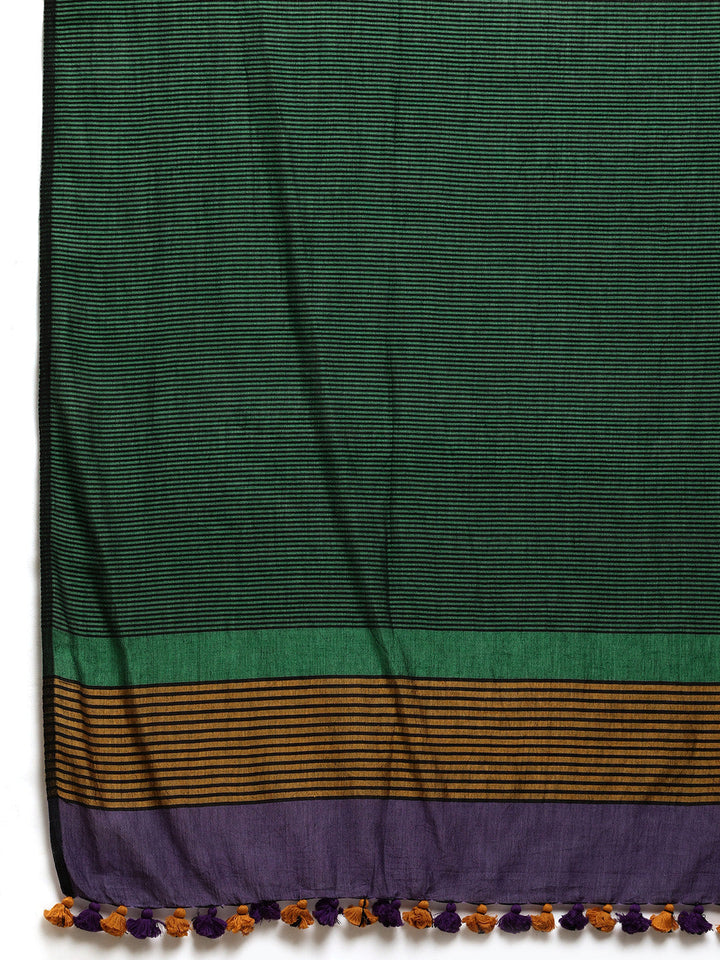Purple Green Colour Block Cotton Saree with pompoms