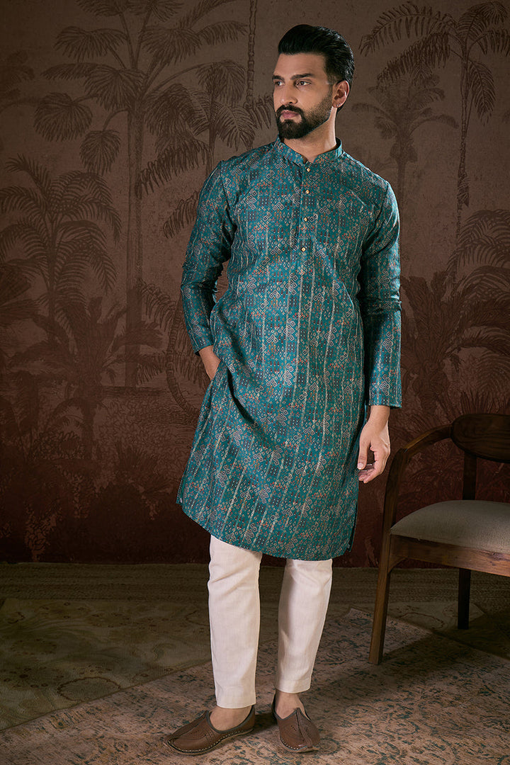 Blue Silk Blend Ethnic Motifs Printed Straight Kurta For Men | SHOBITAM