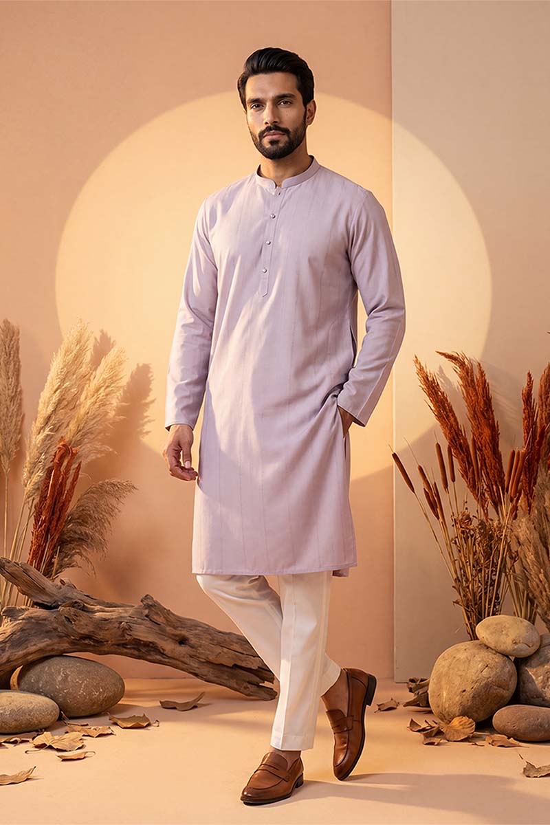 Mens Lavender Silk Blend Solid Kurta With Trousers | SHOBITAM