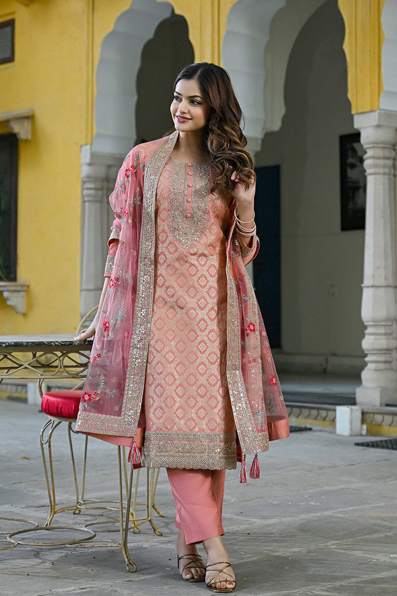 Peach Silk Blend Solid Woven Design Straight Kurta Trousers With Dupatta | SHOBITAM