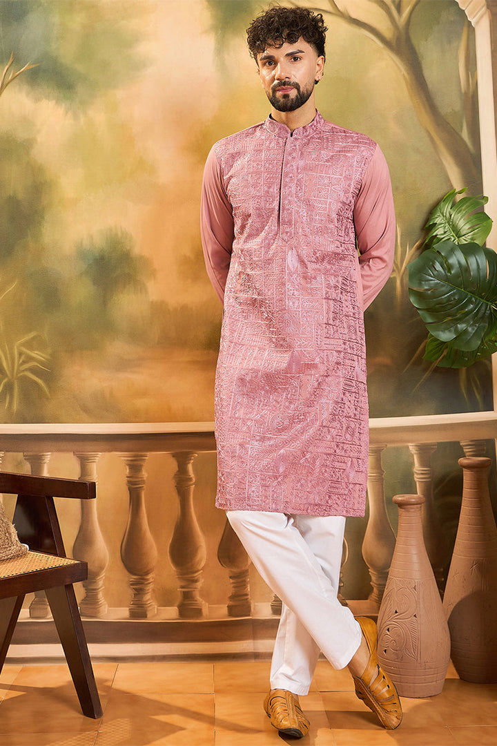 Mauve Silk Blend Solid Embroidered Straight Kurta | SHOBITAM