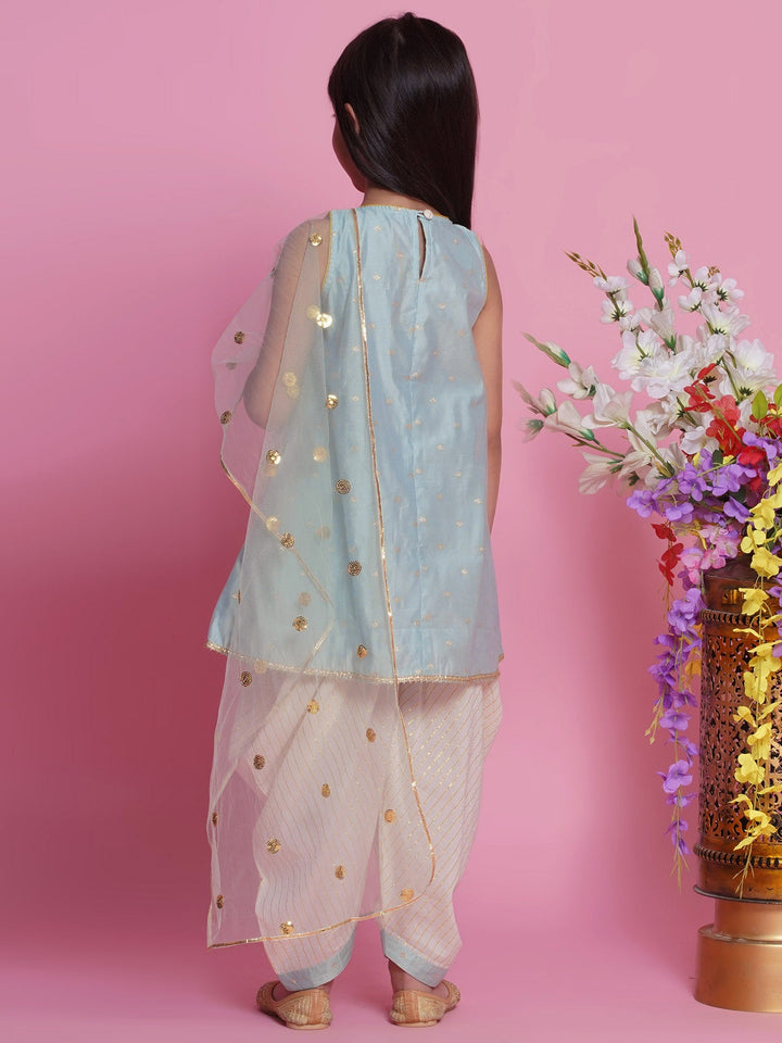 Chanderi Silk Floral Kurta with Dhoti Salwar & Dupatta - Dolphin Blue | SHOBITAM