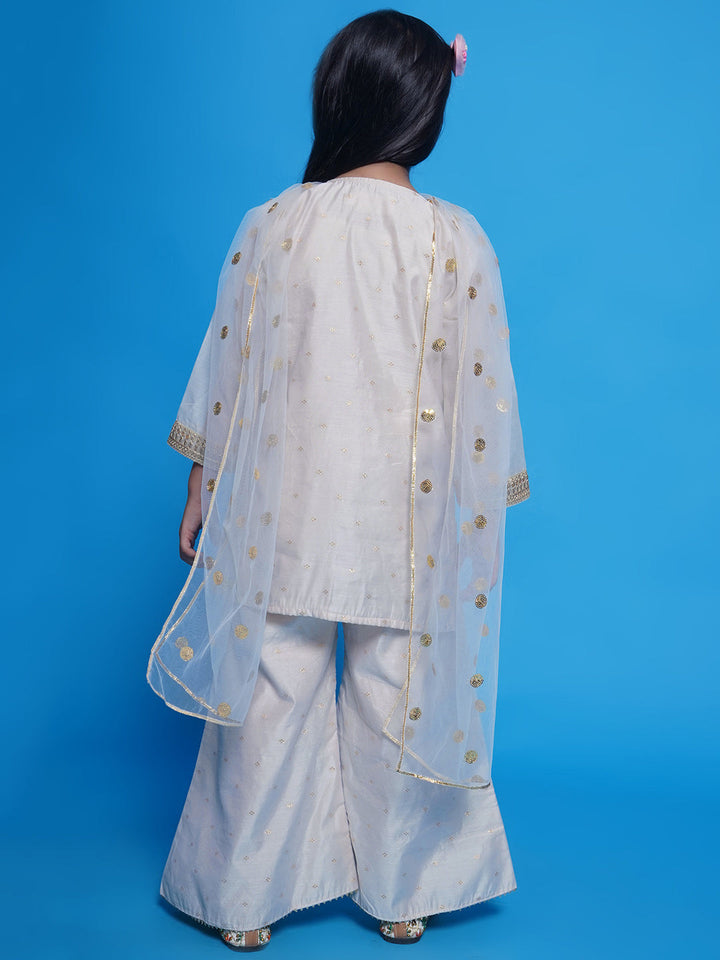 Girls Chanderi Cotton Three Fourth Sleeves Kurta with Attached Floral Jacket and Plazzo with Dupatta Adorned by Lace & Tussel work - Cream | SHOBITAM