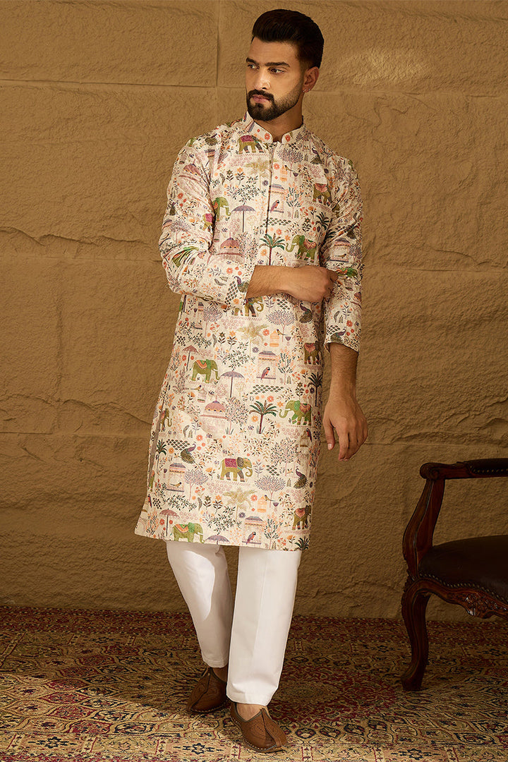 Cream Viscose Rayon Ethnic Motifs Printed Straight Kurta with Trouser | SHOBITAM