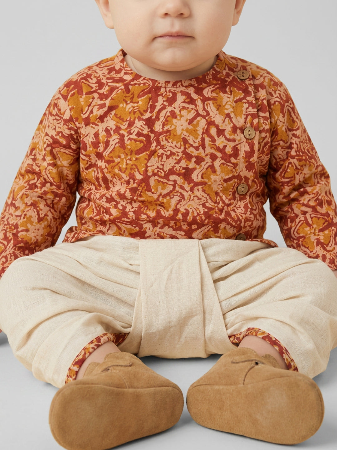 Boys Rust Orange Floral Printed Cotton Angrakha Style Dhoti Set | SHOBITAM