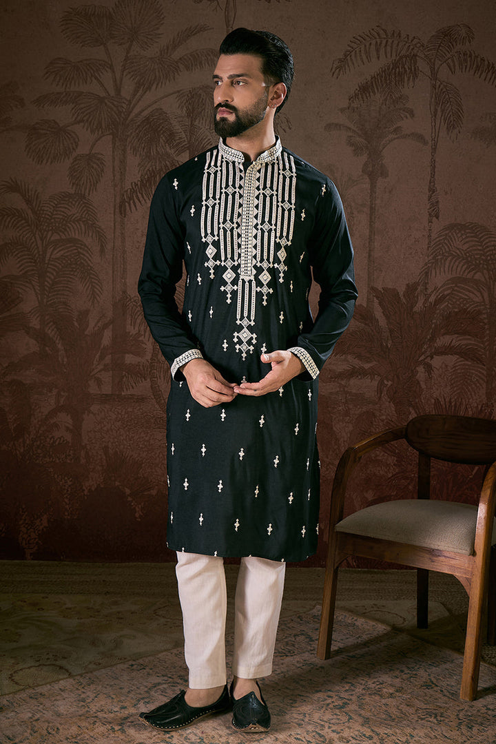 Black Silk Blend Solid Embroidered Straight Kurta With Trouser | SHOBITAM