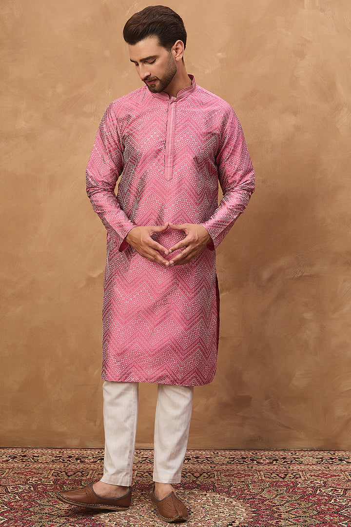 Pink Silk Blend Geometric Printed Straight Kurta | SHOBITAM
