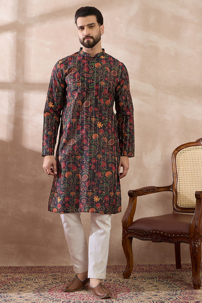 Black Silk Blend Embroidered Mandarin Collar Straight Kurta | SHOBITAM
