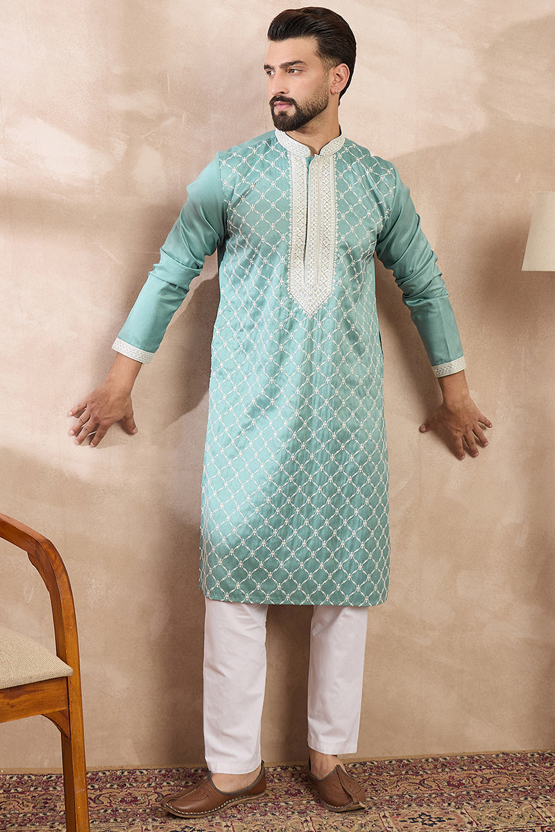 Teal Silk Blend Geometric Embroidered Straight Kurta With Trouser | SHOBITAM