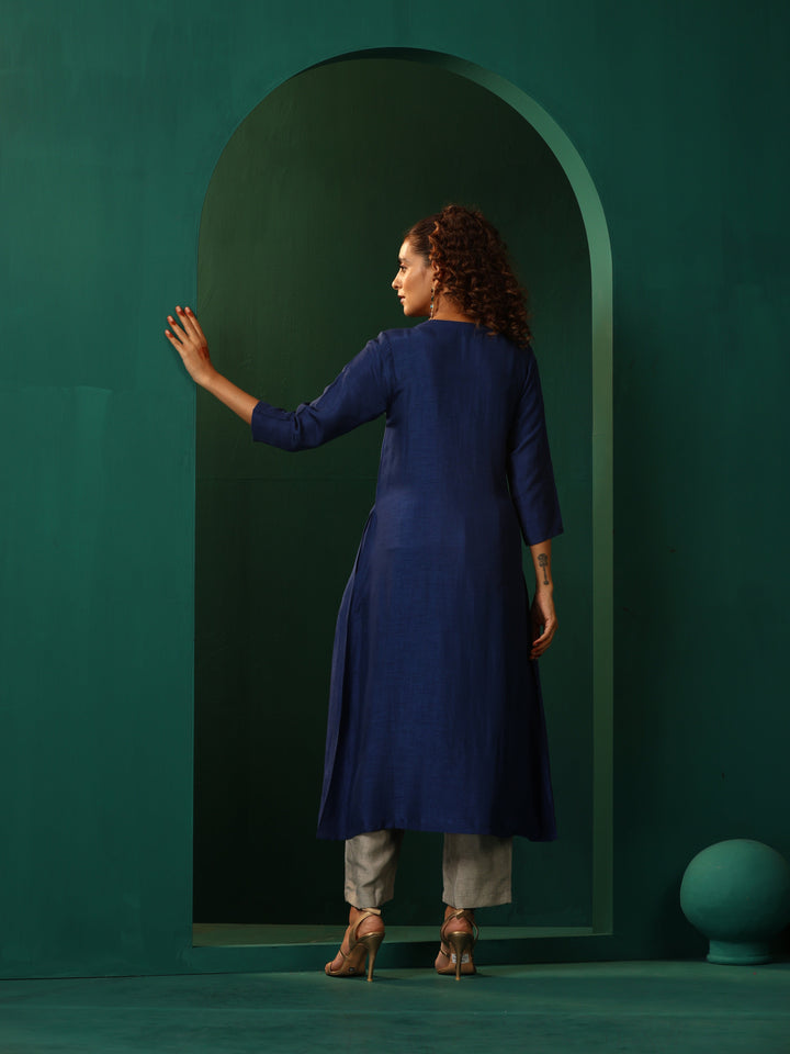 Blue Silk Angrakha Kurta Pant Set  | SHOBITAM