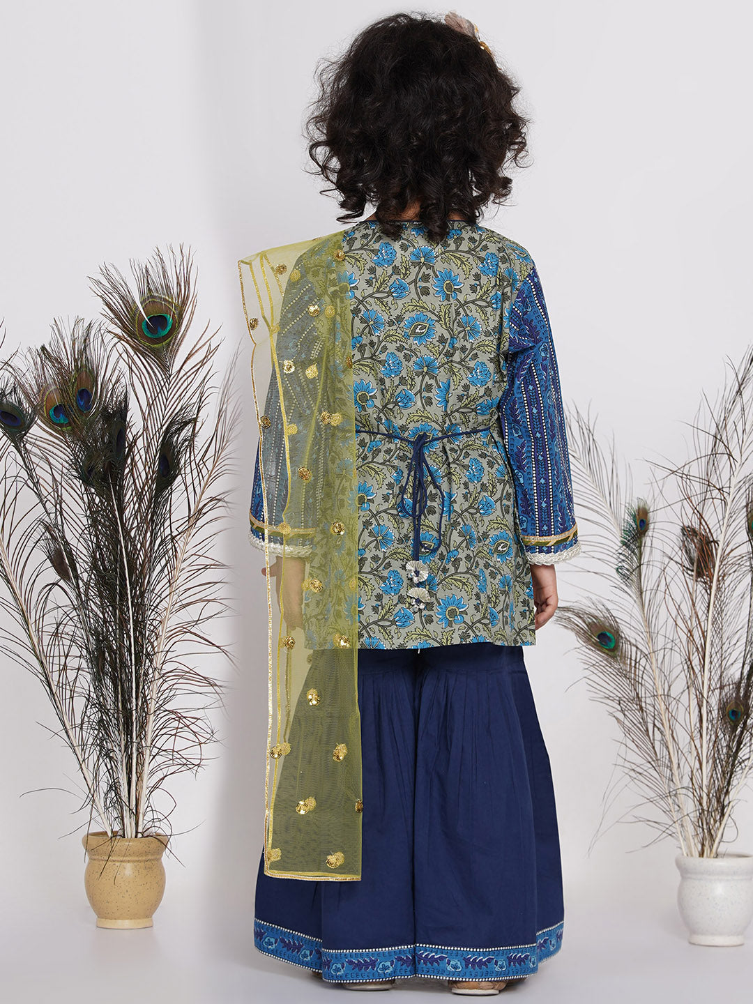 Girls Lacework Floral Kurta with Sharara and Dupatta in Indigo Blue and Green | SHOBITAM