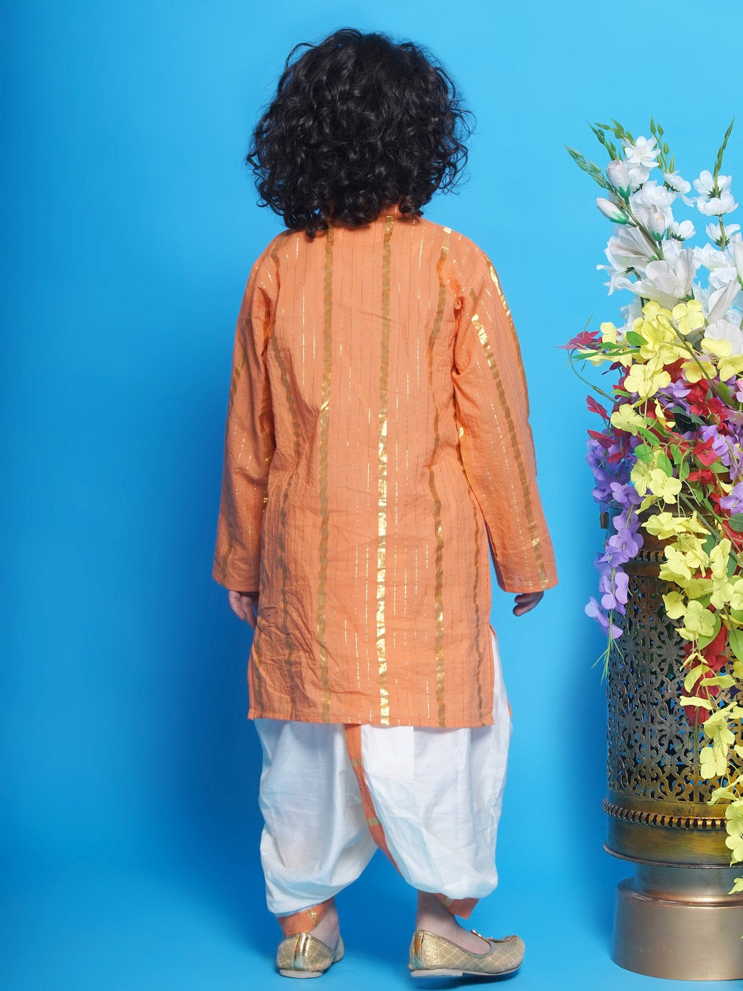 Narangi Kurta Dhoti with Golden Strips - Orange | SHOBITAM
