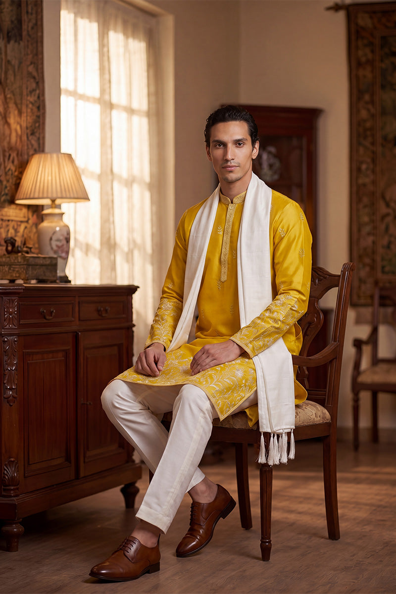 Men Yellow Chanderi Silk Solid Embroidered Straight Kurta Trouser with Dupatta | SHOBITAM