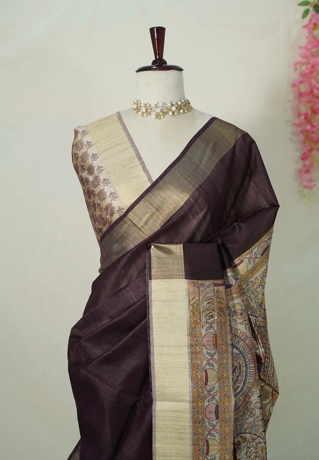 Brown - Roopa - Premium Chaapa semi tussar with Madhubani style pallu | SHOBITAM