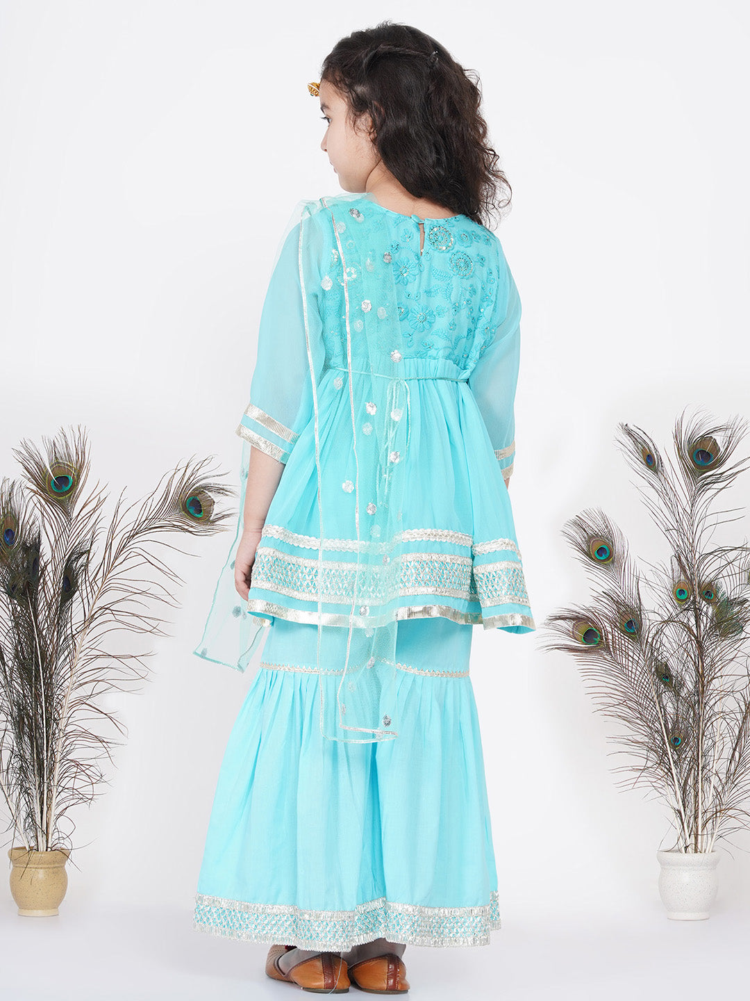 Girls Gotta Patti work Kurta frock with Sharara and Dupatta - Sky Blue | SHOBITAM