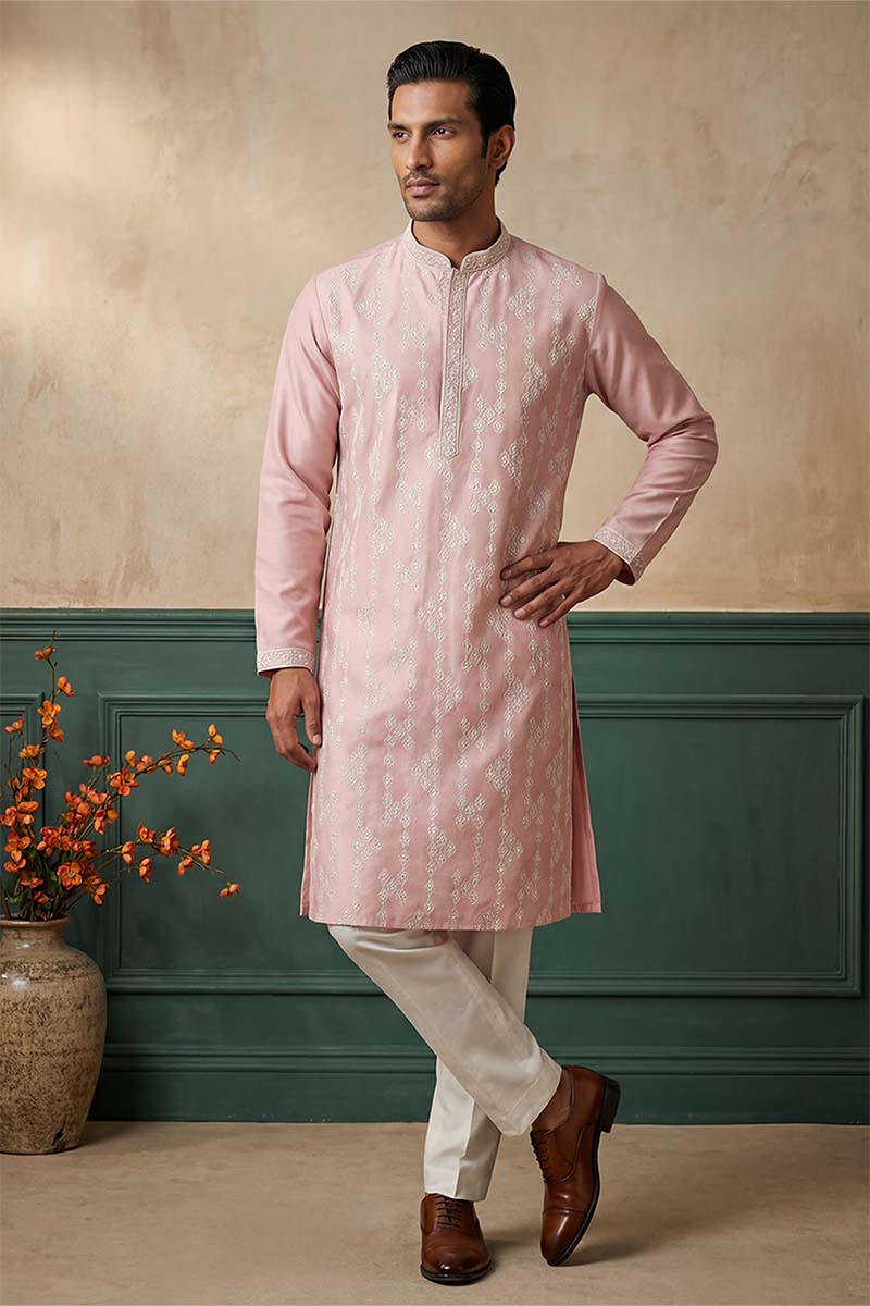 Mens Pink Silk Blend Solid Embroidered Kurta With Trousers | SHOBITAM