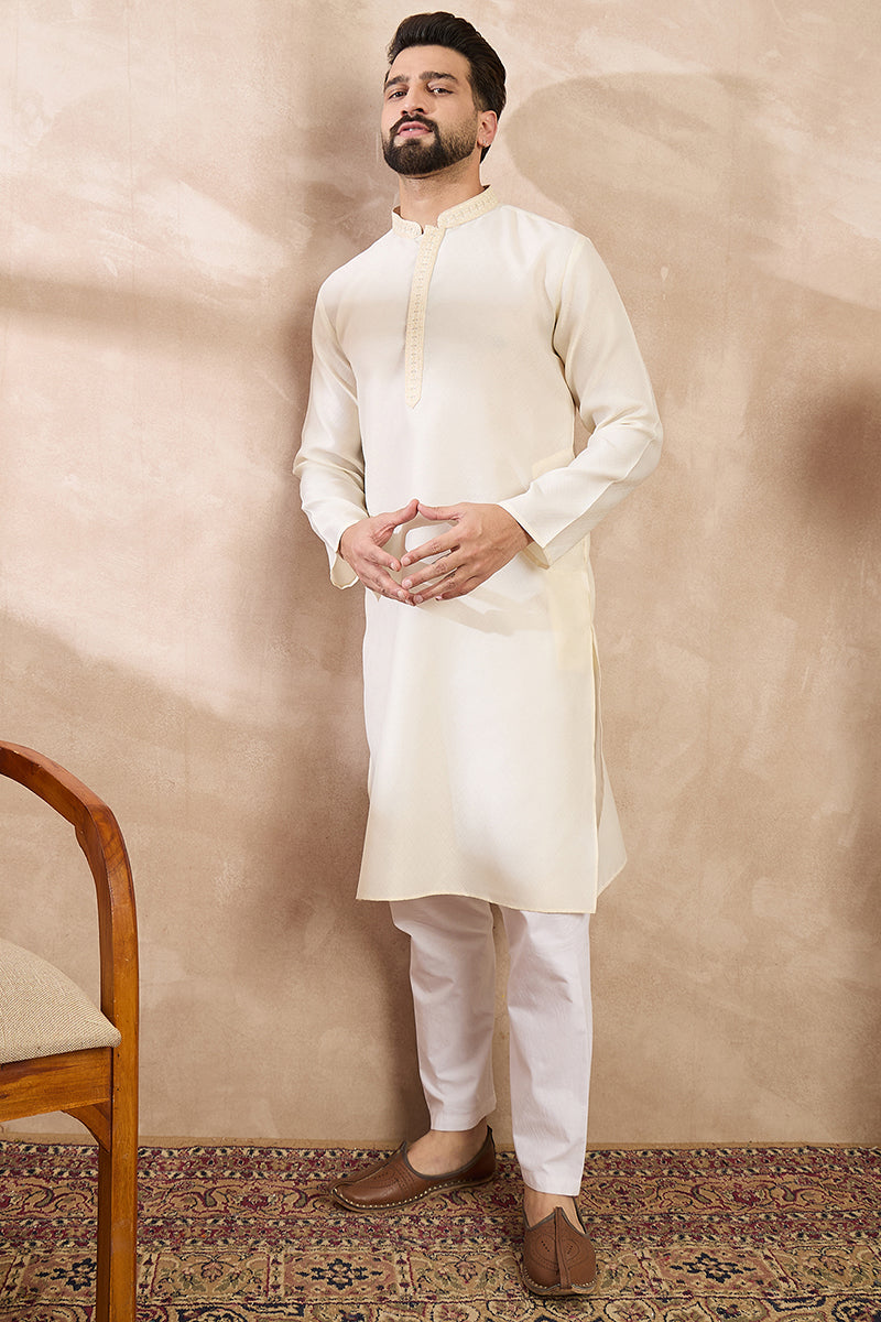 Off White Silk Blend Solid Embroidered Straight Kurta For Men | SHOBITAM