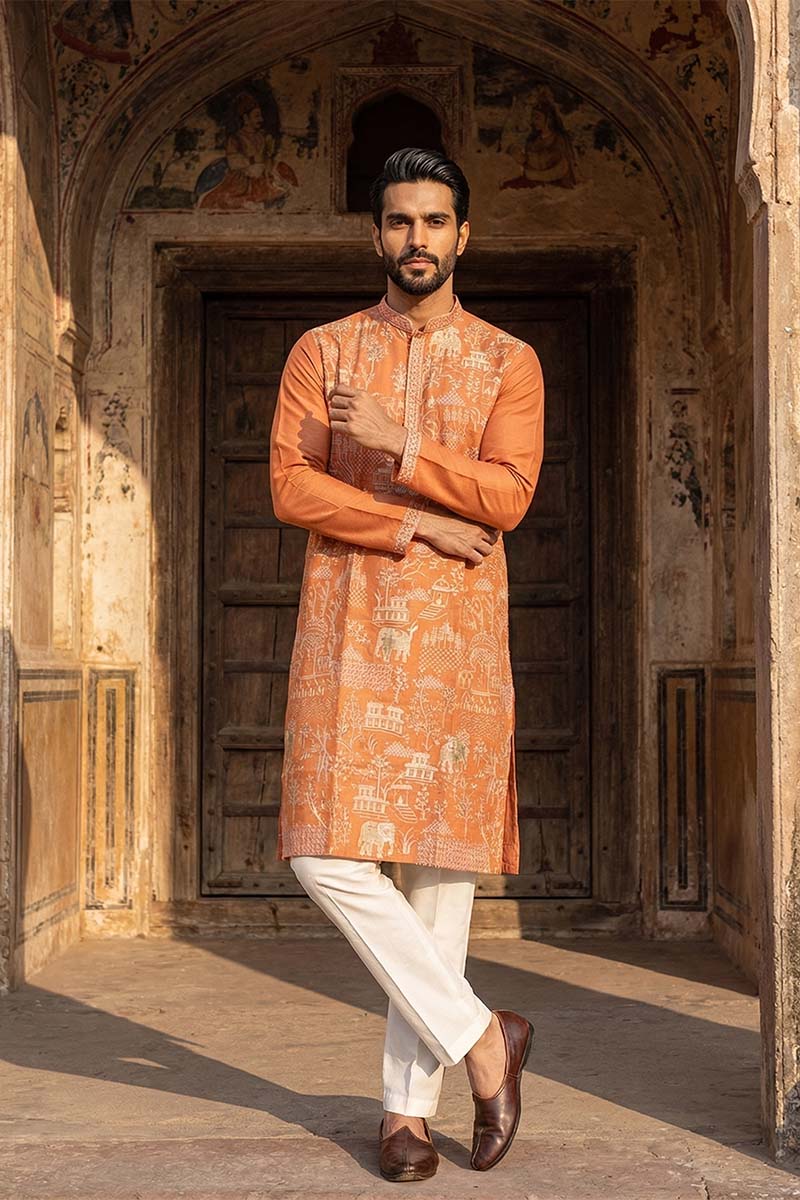 Peach Viscose Rayon Embroidered Straight Kurta | SHOBITAM
