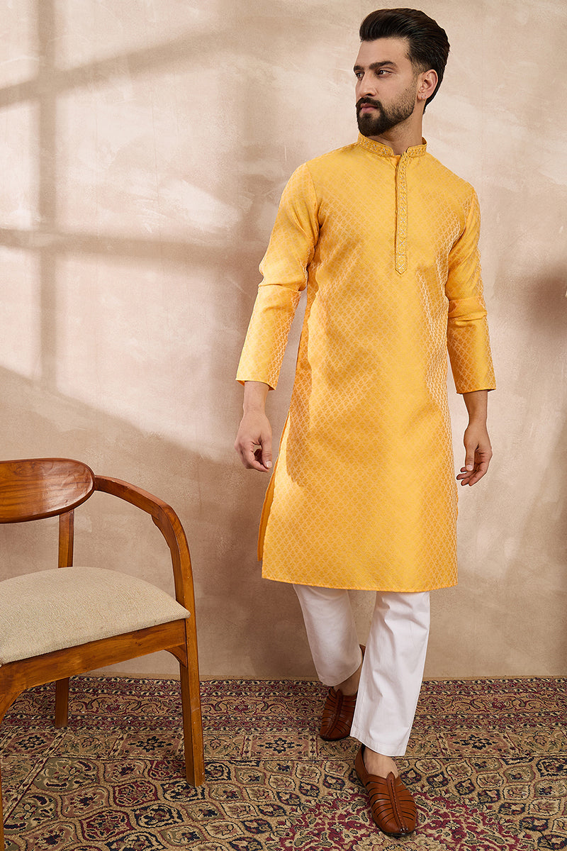 Yellow Silk Blend Solid Embroidered Straight Kurta With Trouser | SHOBITAM