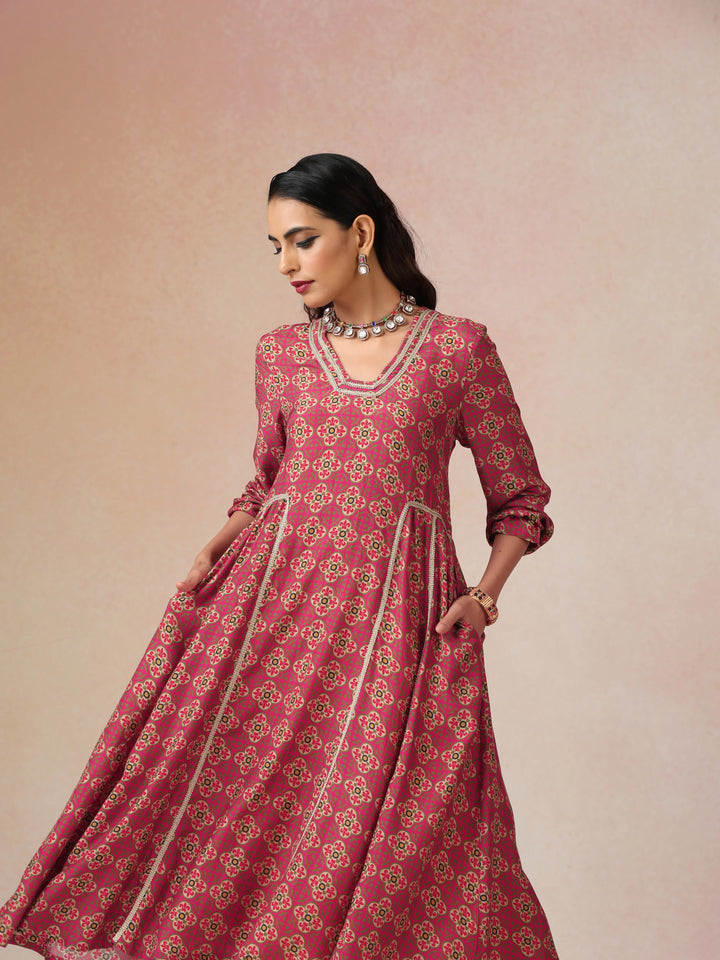 Pink Print Viscose Fit And Flared Kurta Set| SHOBITAM