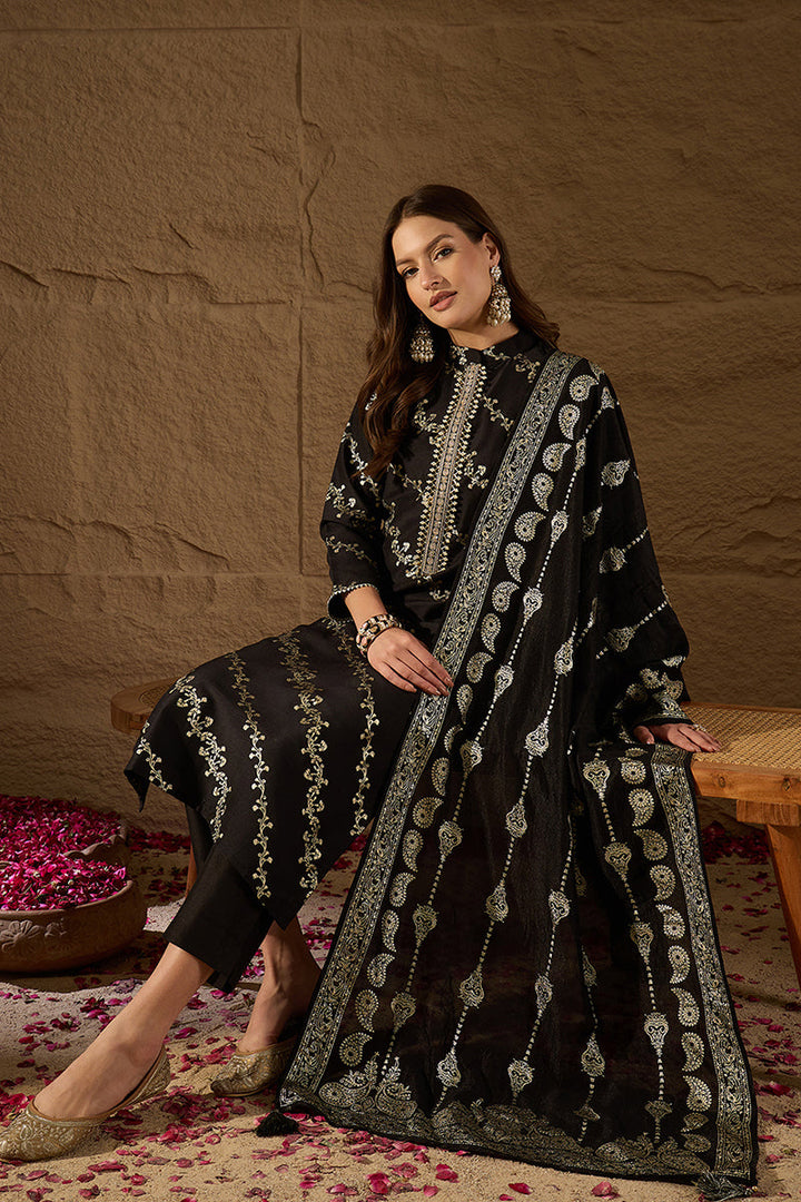 Black Silk Blend Ethnic Motifs Printed Straight Kurta Sets | SHOBITAM