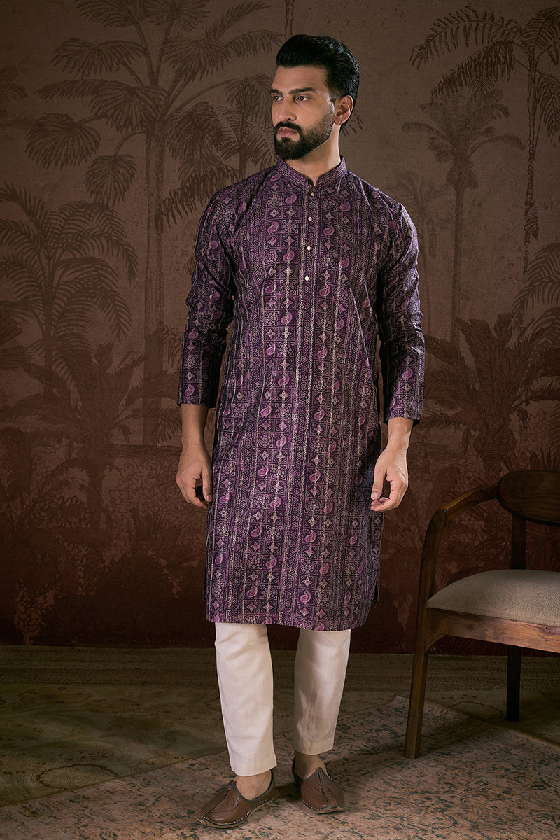 Purple Silk Blend Ethnic Motifs Printed Straight Kurta For Men | SHOBITAM