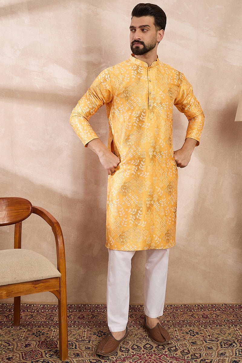 Yellow Silk Blend Ethnic Motifs Printed Straight Kurta With Trouser | SHOBITAM