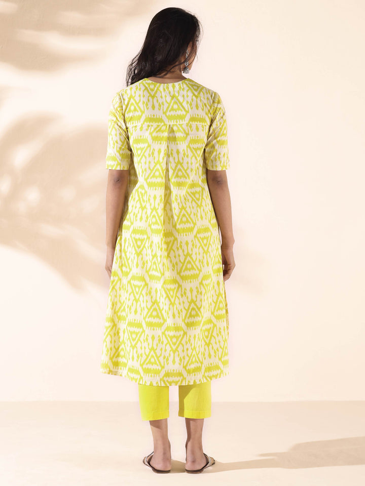Lime Cotton Ikat Kurta Pant Set | SHOBITAM