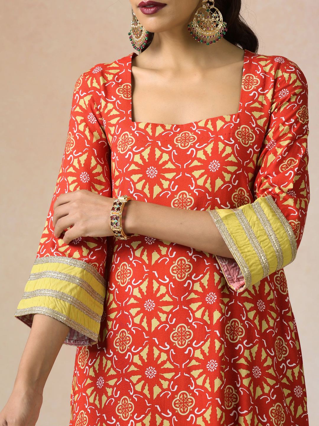 Red Light Green Print Viscose Kurta Sharara Set| SHOBITAM