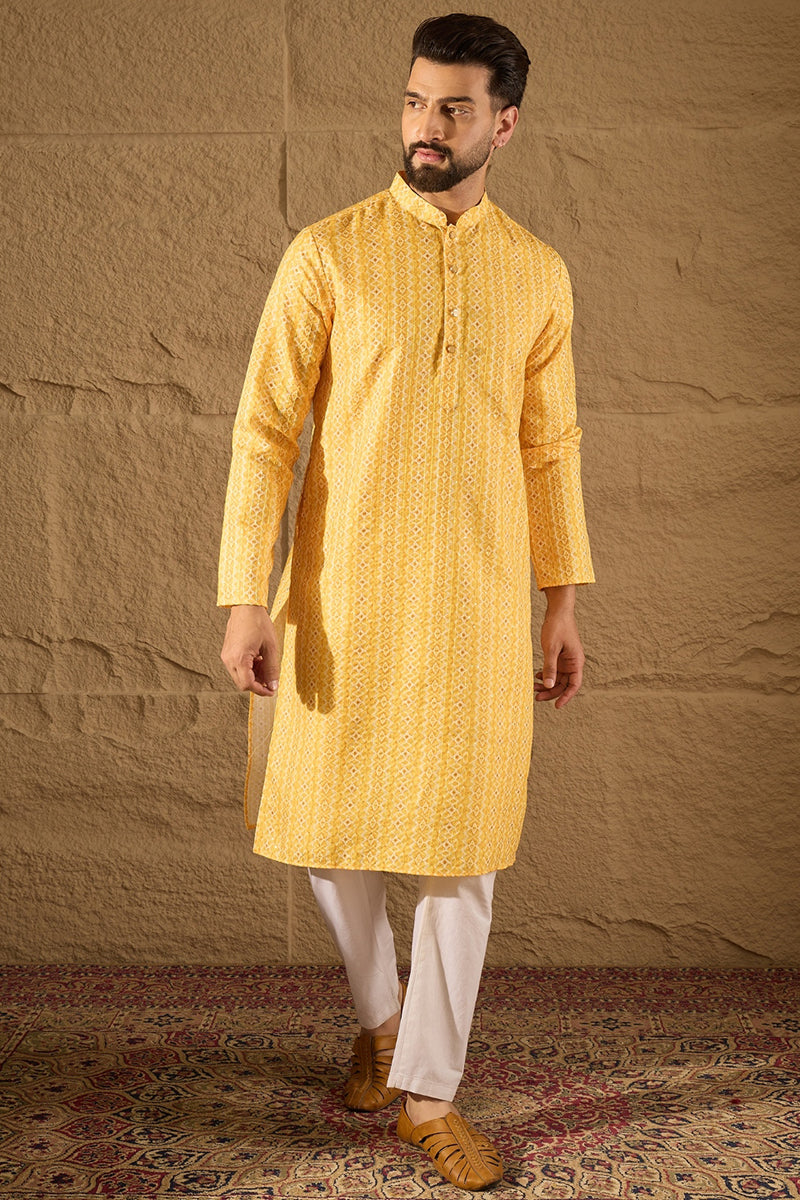 Yellow Silk Blend Geometric Embroidered Straight Kurta with Trouser  | SHOBITAM