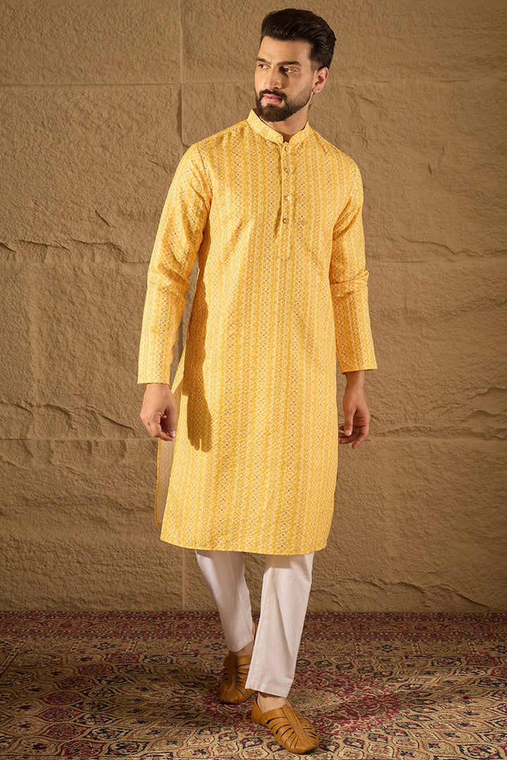 Yellow Silk Blend Geometric Embroidered Straight Kurta with Trouser  | SHOBITAM