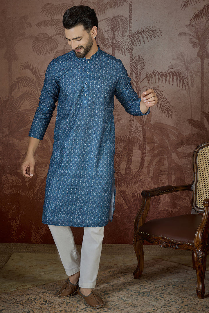 Mens Blue Linen Floral Print Regular Kurta | SHOBITAM