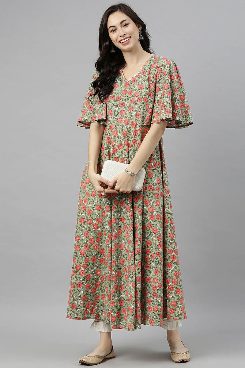Green Cotton Flared Kurta | SHOBITAM