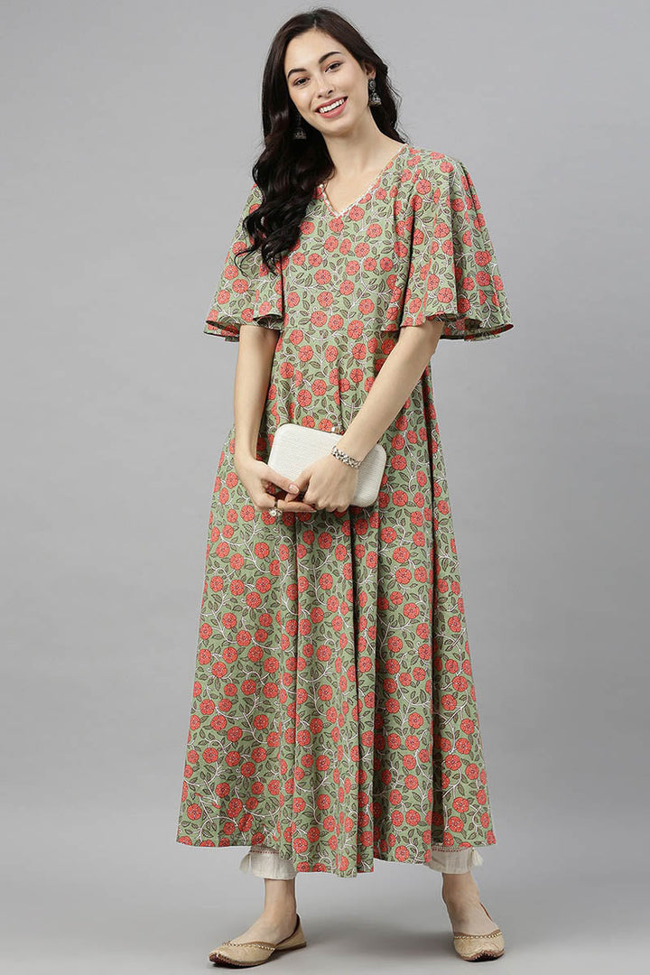 Green Cotton Flared Kurta | SHOBITAM