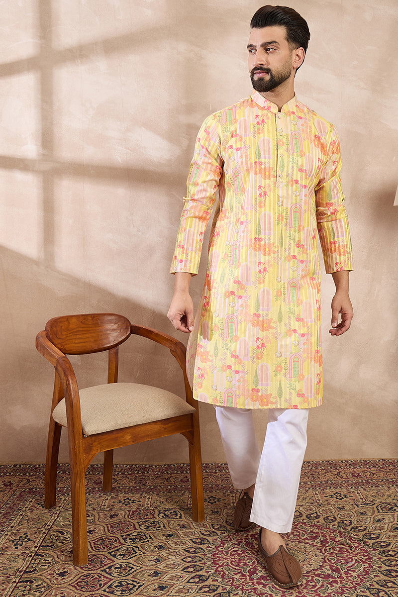 Yellow Silk Blend Abstract Printed Straight Kurta With Trouser | SHOBITAM
