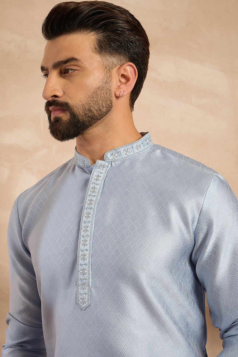 Blue Polyester Solid Embroidered Straight Kurta With Trouser For Men | SHOBITAM