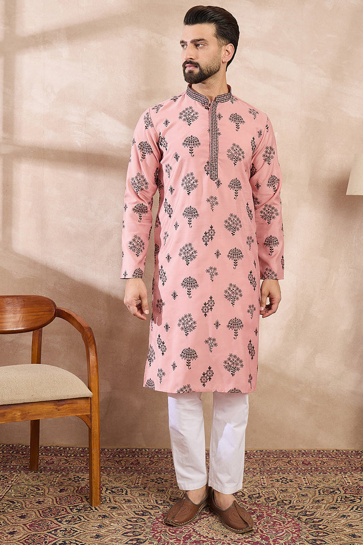 Peach Silk Blend Solid Embroidered Straight Kurta With Trouser For Men | SHOBITAM