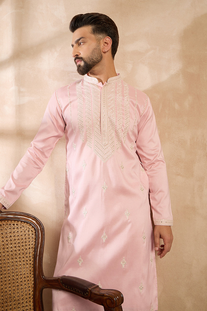 Pink Silk Geometric Embroidered Straight Kurta  | SHOBITAM