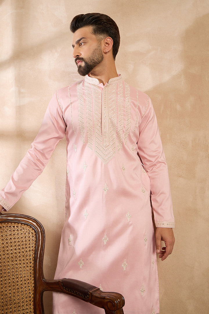 Pink Silk Geometric Embroidered Straight Kurta  | SHOBITAM
